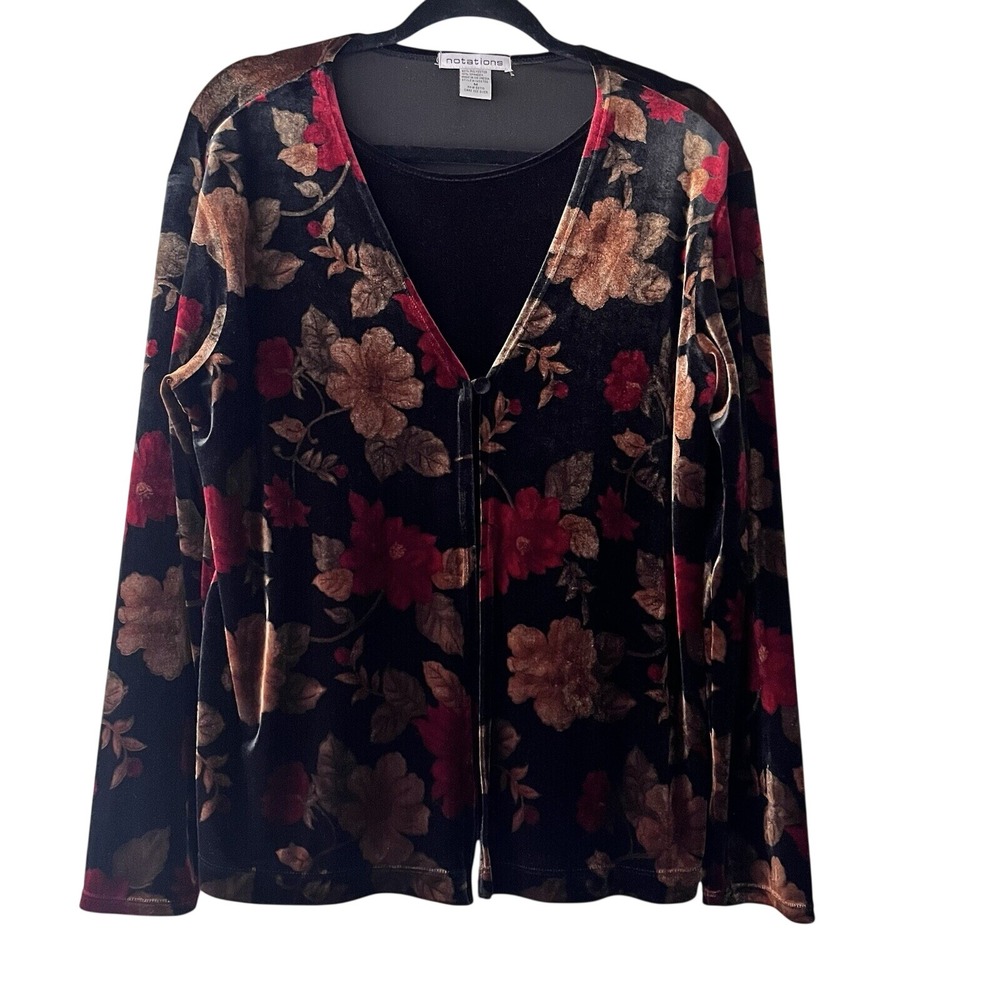 Notations Velvet Women Black Red Floral Cardigan Long Sleeve Blouse Medium